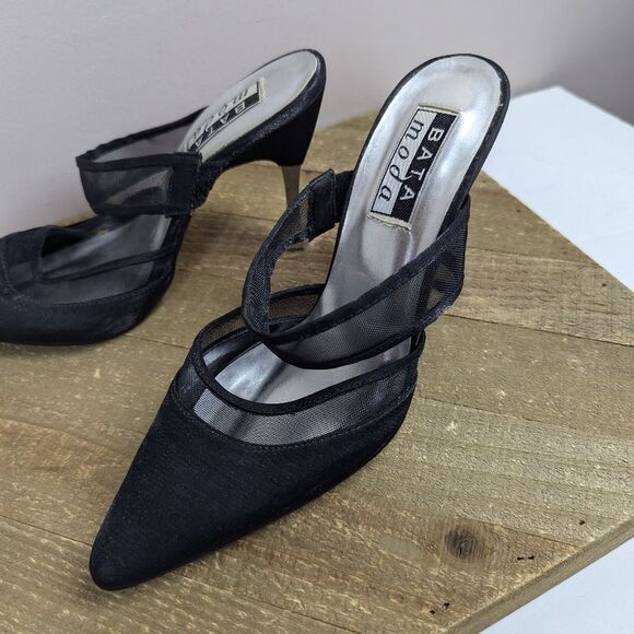 Vintage 90s BATA Black Mesh Strap Heels Size 8 Mule Slip On Pointed Toe - Picture 2 of 11